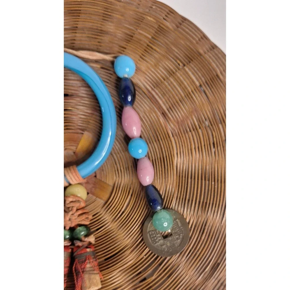 Vtg Chinese Sewing Basket Coins Glass Beads Tassels